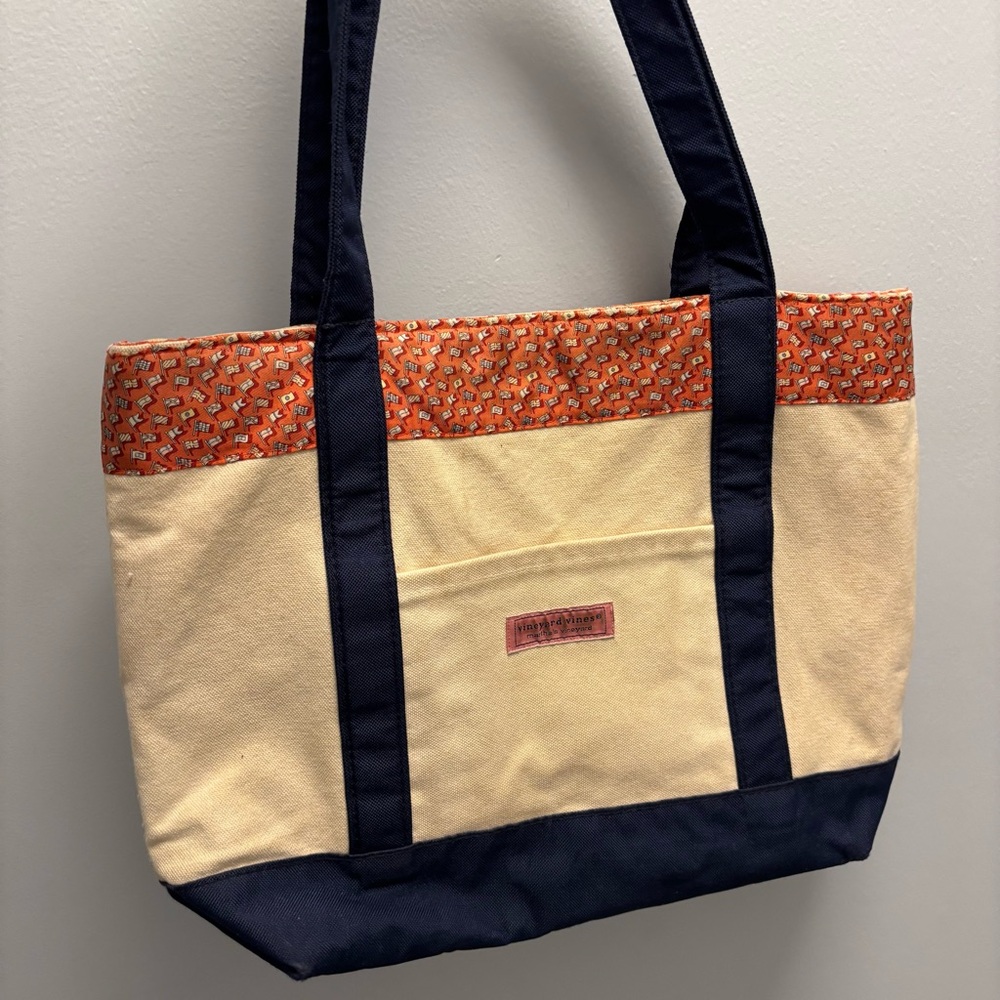 Canvas Tote Bag with Orange Accent and Navy Trim